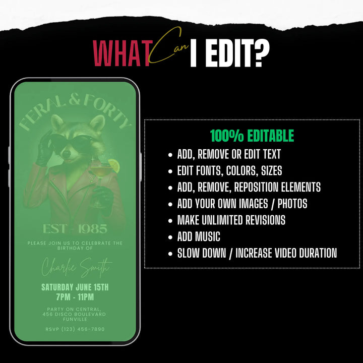 Feral & Forty Digital Invitation | Funny 40th Birthday Invite | Glam Raccoon Theme | Editable Canva Template