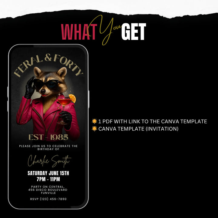 Feral & Forty Digital Invitation | Funny 40th Birthday Invite | Glam Raccoon Theme | Editable Canva Template