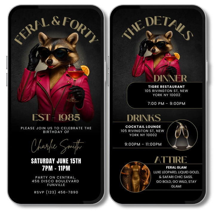 Feral & Forty Invitation with Details | Funny 40th Birthday Invite | Glam Raccoon Theme | Editable Canva Template
