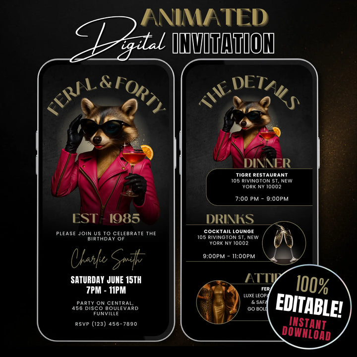 Feral & Forty Invitation with Details | Funny 40th Birthday Invite | Glam Raccoon Theme | Editable Canva Template