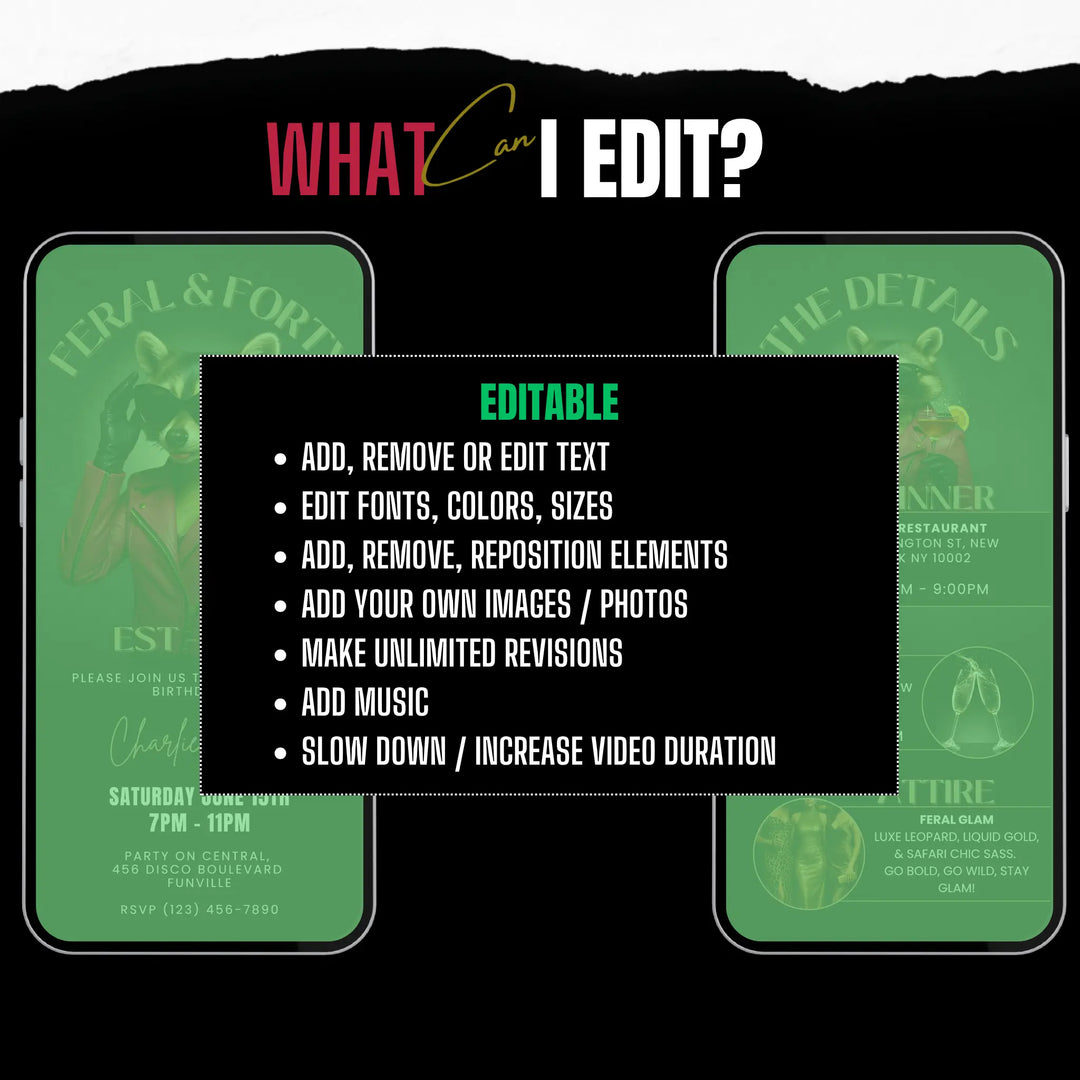 Feral & Forty Invitation with Details | Funny 40th Birthday Invite | Glam Raccoon Theme | Editable Canva Template