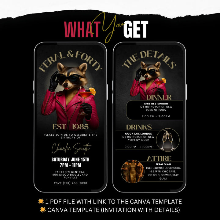 Feral & Forty Invitation with Details | Funny 40th Birthday Invite | Glam Raccoon Theme | Editable Canva Template