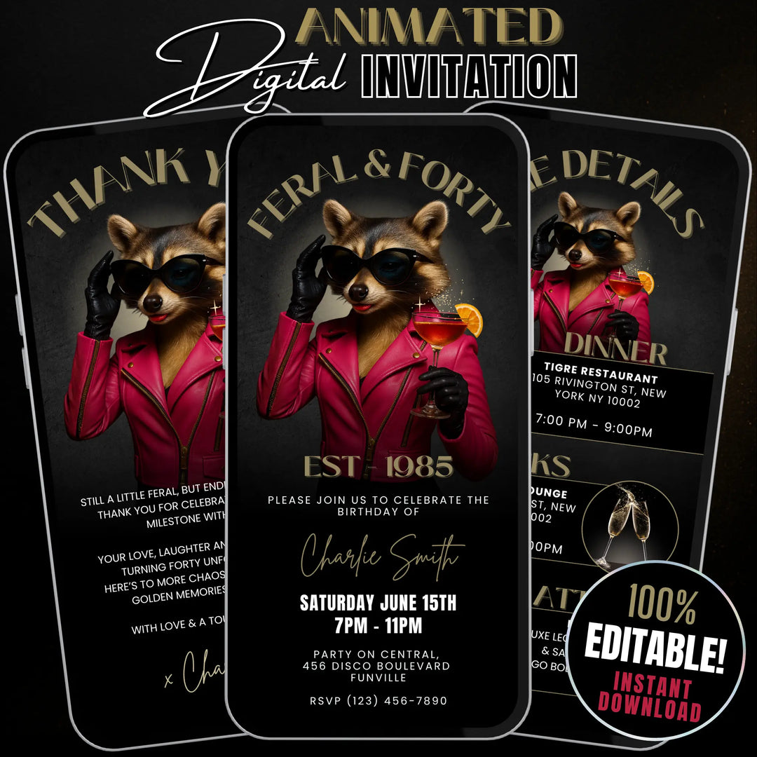 Feral & Forty Invitation with Details & Thank You Card | Funny Raccoon 40th Birthday Invite | Editable Canva Template