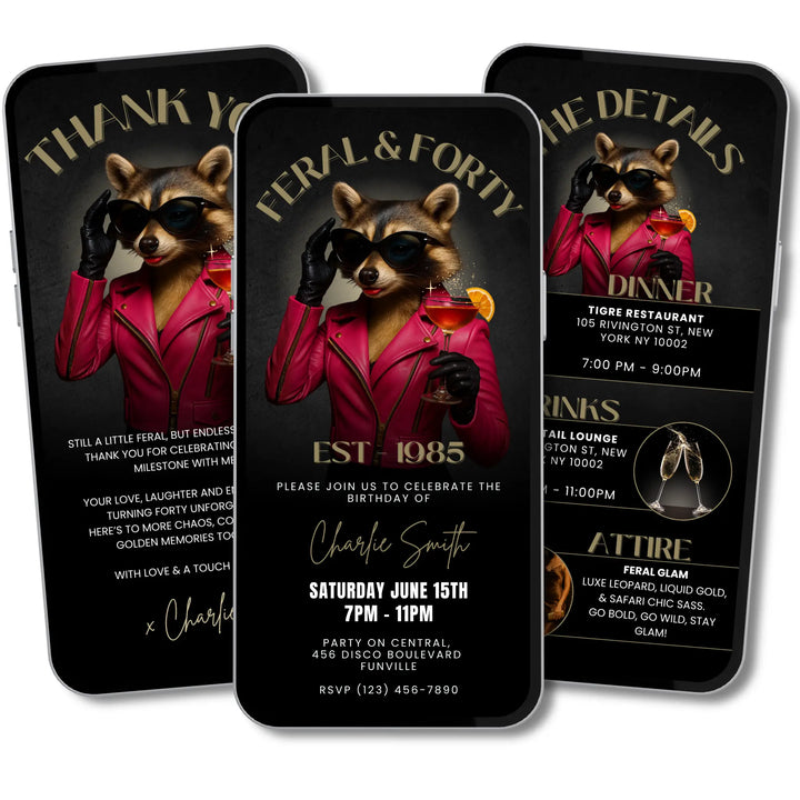 Feral & Forty Invitation with Details & Thank You Card | Funny Raccoon 40th Birthday Invite | Editable Canva Template