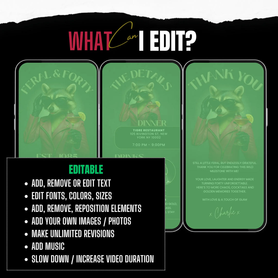 Feral & Forty Invitation with Details & Thank You Card | Funny Raccoon 40th Birthday Invite | Editable Canva Template
