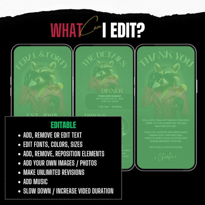 Feral & Forty Invitation with Details & Thank You Card | Funny Raccoon 40th Birthday Invite | Editable Canva Template
