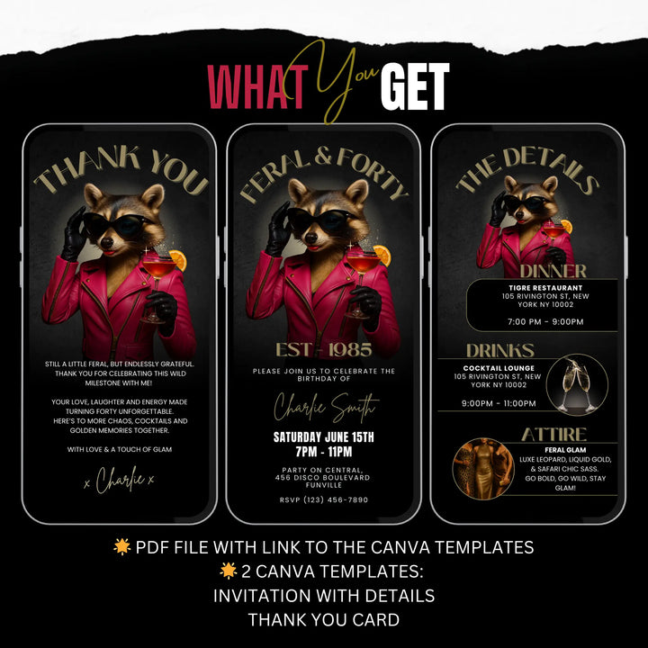 Feral & Forty Invitation with Details & Thank You Card | Funny Raccoon 40th Birthday Invite | Editable Canva Template