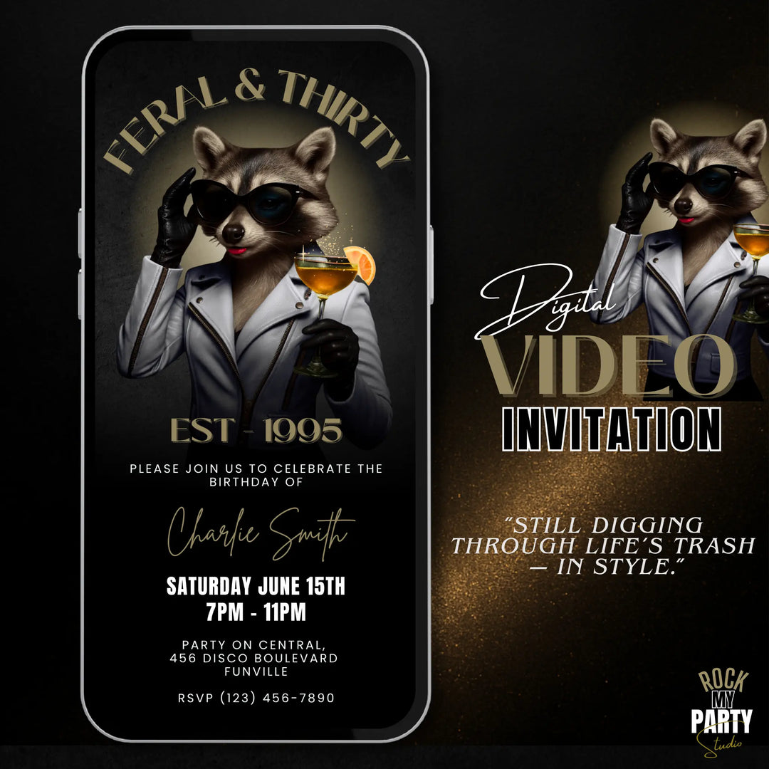 Feral & Thirty Digital Invitation | Funny 30th Birthday Invite | Glam Raccoon Theme | Editable Canva Template