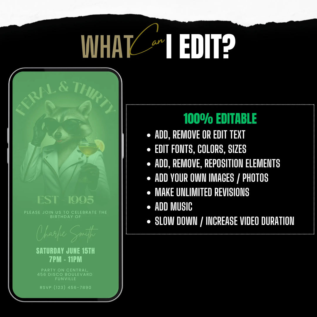 Feral & Thirty Digital Invitation | Funny 30th Birthday Invite | Glam Raccoon Theme | Editable Canva Template