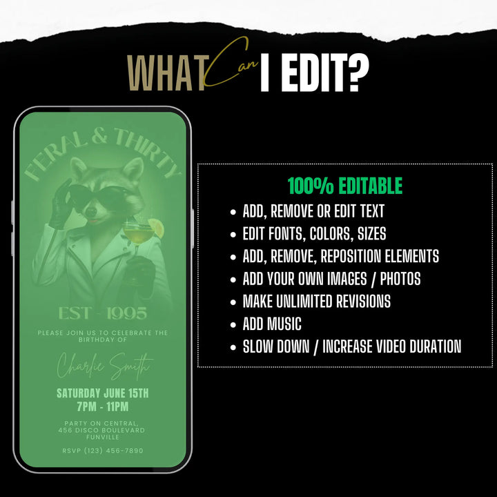 Feral & Thirty Digital Invitation | Funny 30th Birthday Invite | Glam Raccoon Theme | Editable Canva Template