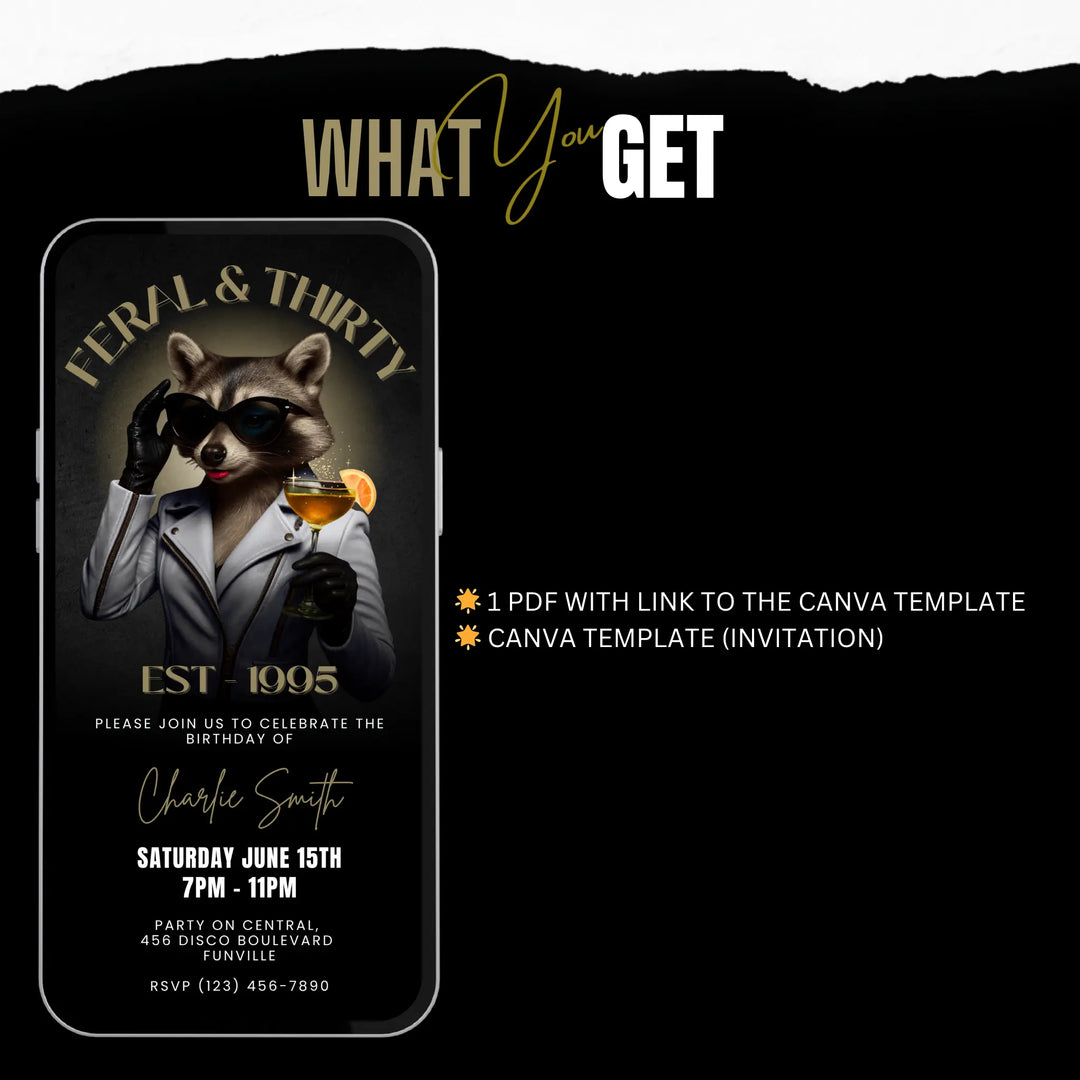 Feral & Thirty Digital Invitation | Funny 30th Birthday Invite | Glam Raccoon Theme | Editable Canva Template