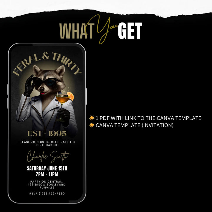 Feral & Thirty Digital Invitation | Funny 30th Birthday Invite | Glam Raccoon Theme | Editable Canva Template