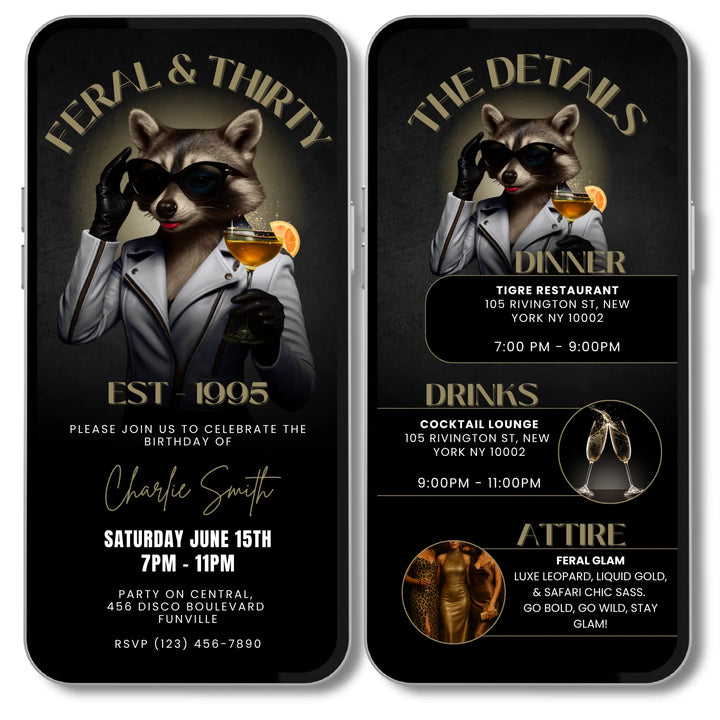 Feral & Thirty Invitation with Details | Funny 30th Birthday Invite | Glam Raccoon Theme | Editable Canva Template