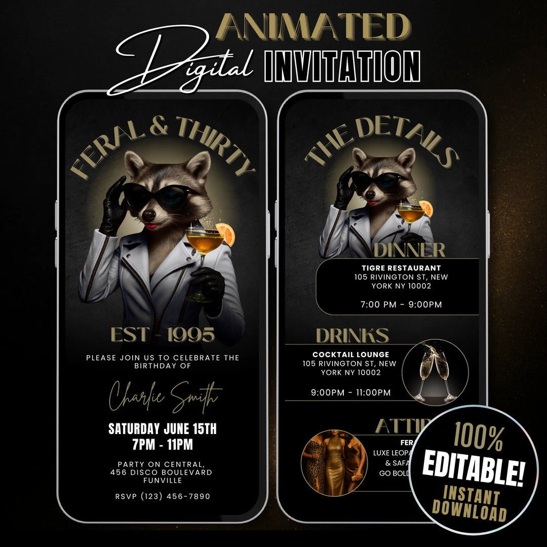 Feral & Thirty Invitation with Details | Funny 30th Birthday Invite | Glam Raccoon Theme | Editable Canva Template
