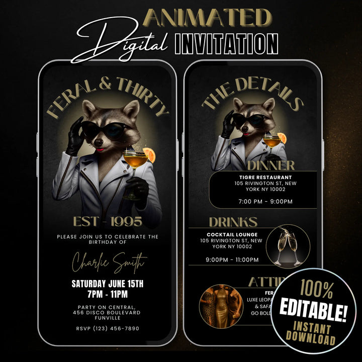 Feral & Thirty Invitation with Details | Funny 30th Birthday Invite | Glam Raccoon Theme | Editable Canva Template
