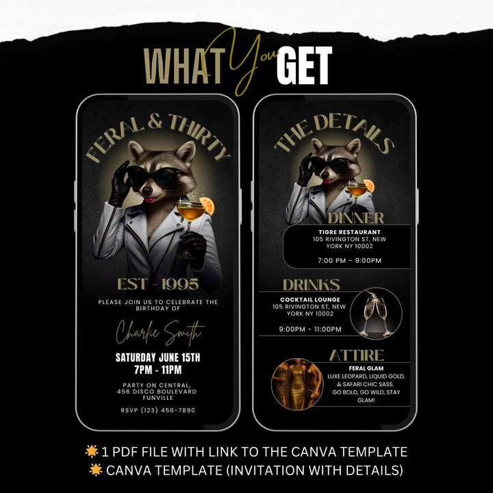 Feral & Thirty Invitation with Details | Funny 30th Birthday Invite | Glam Raccoon Theme | Editable Canva Template