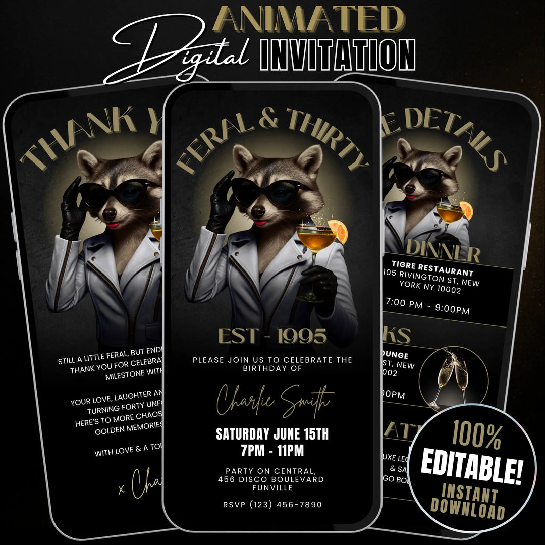 Feral & Thirty Invitation with Details & Thank You Card | Funny Raccoon 30th Birthday Invite | Editable Canva Template