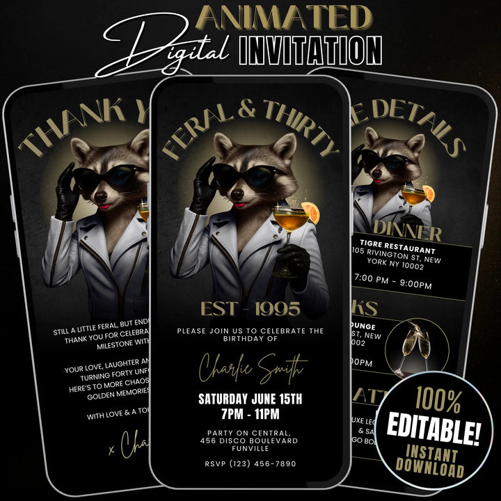 Feral & Thirty Invitation with Details & Thank You Card | Funny Raccoon 30th Birthday Invite | Editable Canva Template