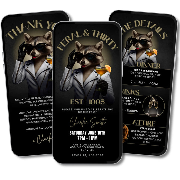Feral & Thirty Invitation with Details & Thank You Card | Funny Raccoon 30th Birthday Invite | Editable Canva Template