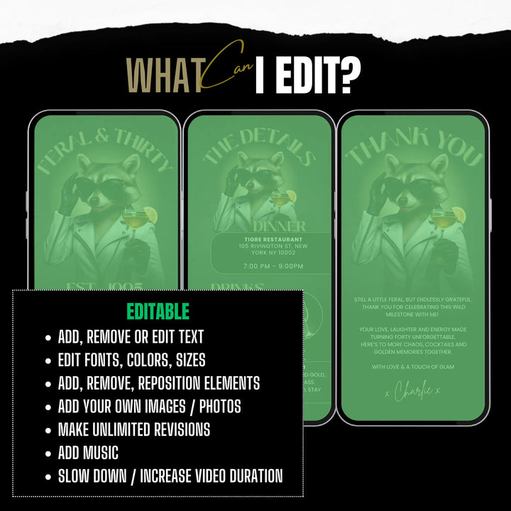 Feral & Thirty Invitation with Details & Thank You Card | Funny Raccoon 30th Birthday Invite | Editable Canva Template