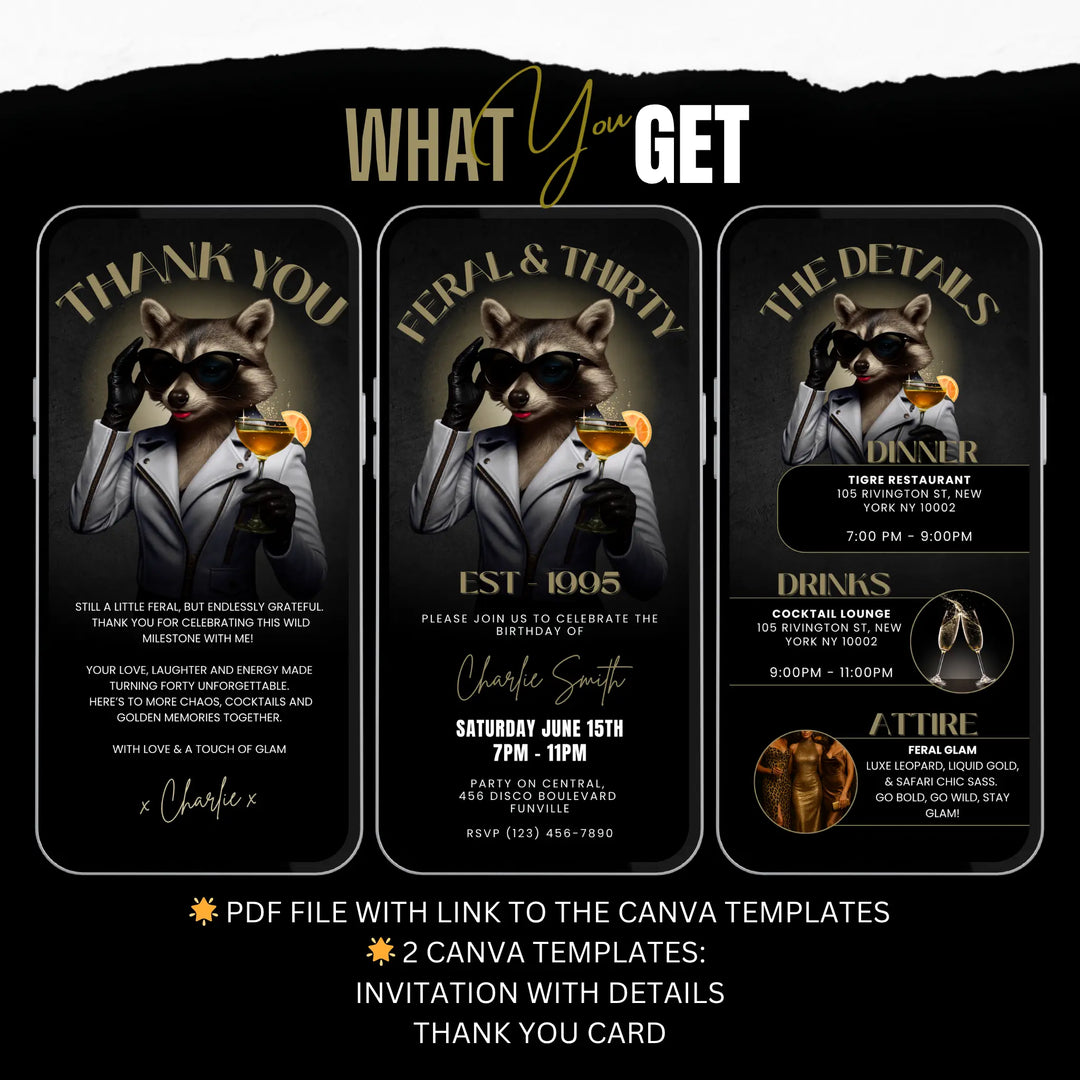 Feral & Thirty Invitation with Details & Thank You Card | Funny Raccoon 30th Birthday Invite | Editable Canva Template