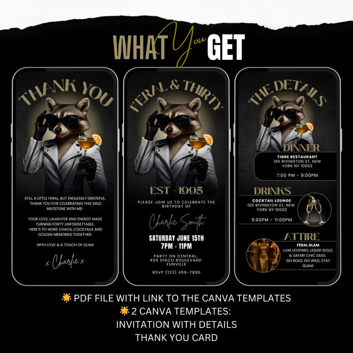Feral & Thirty Invitation with Details & Thank You Card | Funny Raccoon 30th Birthday Invite | Editable Canva Template
