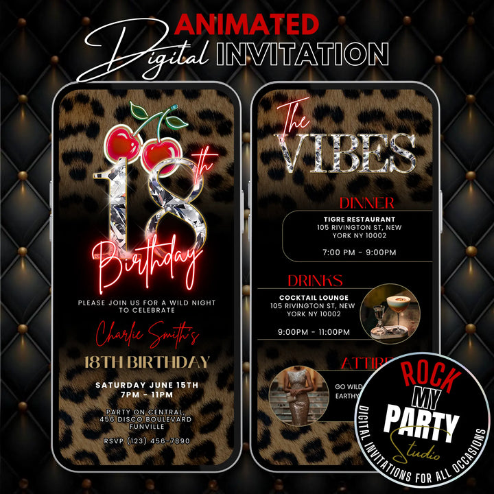 Wild Cherry Leopard Print 18th Birthday Invitation with Vibes – Self Editable Digital Template