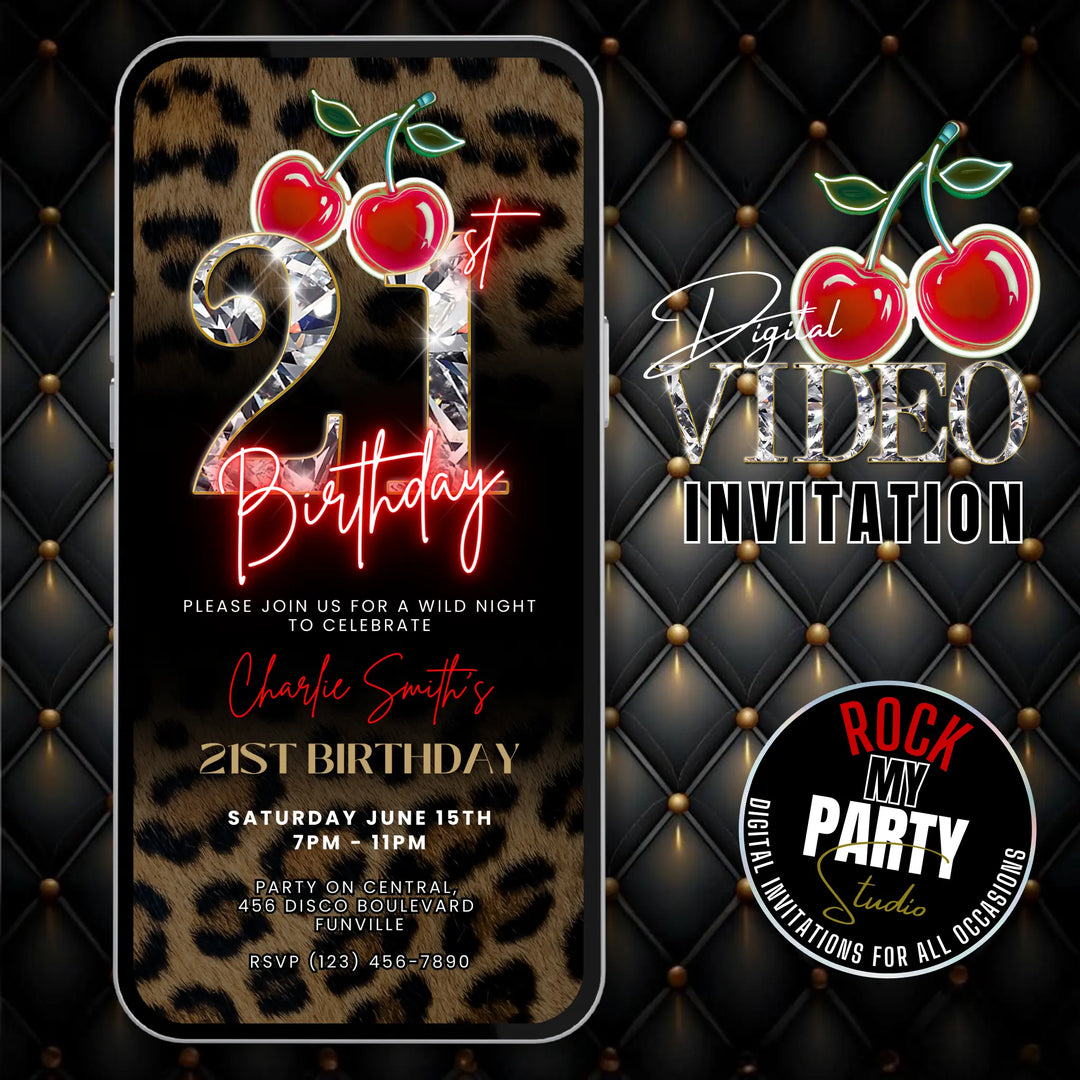 Wild Cherry Leopard Print 21st Birthday Invitation Video – Self Editable Digital Template