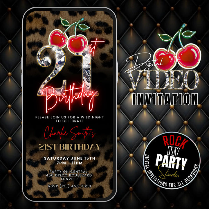 Wild Cherry Leopard Print 21st Birthday Invitation Video – Self Editable Digital Template