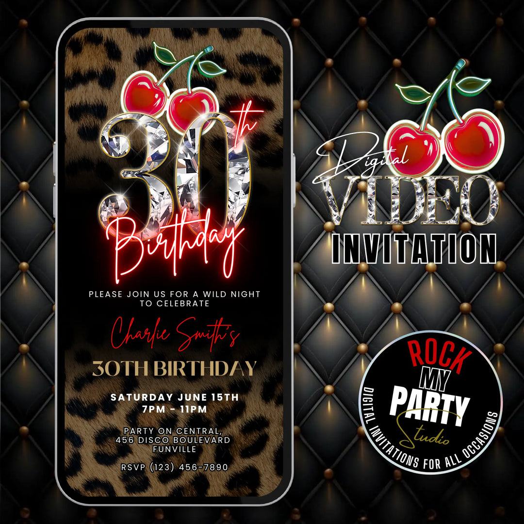Leopard print and cherry theme 30th birthday party invite – self-edit Canva digital template available for instant download
