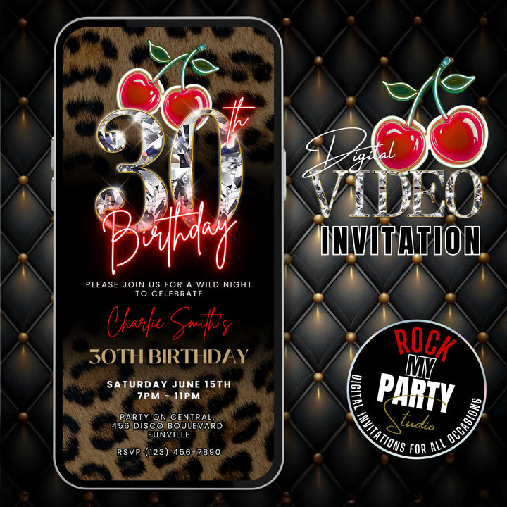 Leopard print and cherry theme 30th birthday party invite – self-edit Canva digital template available for instant download