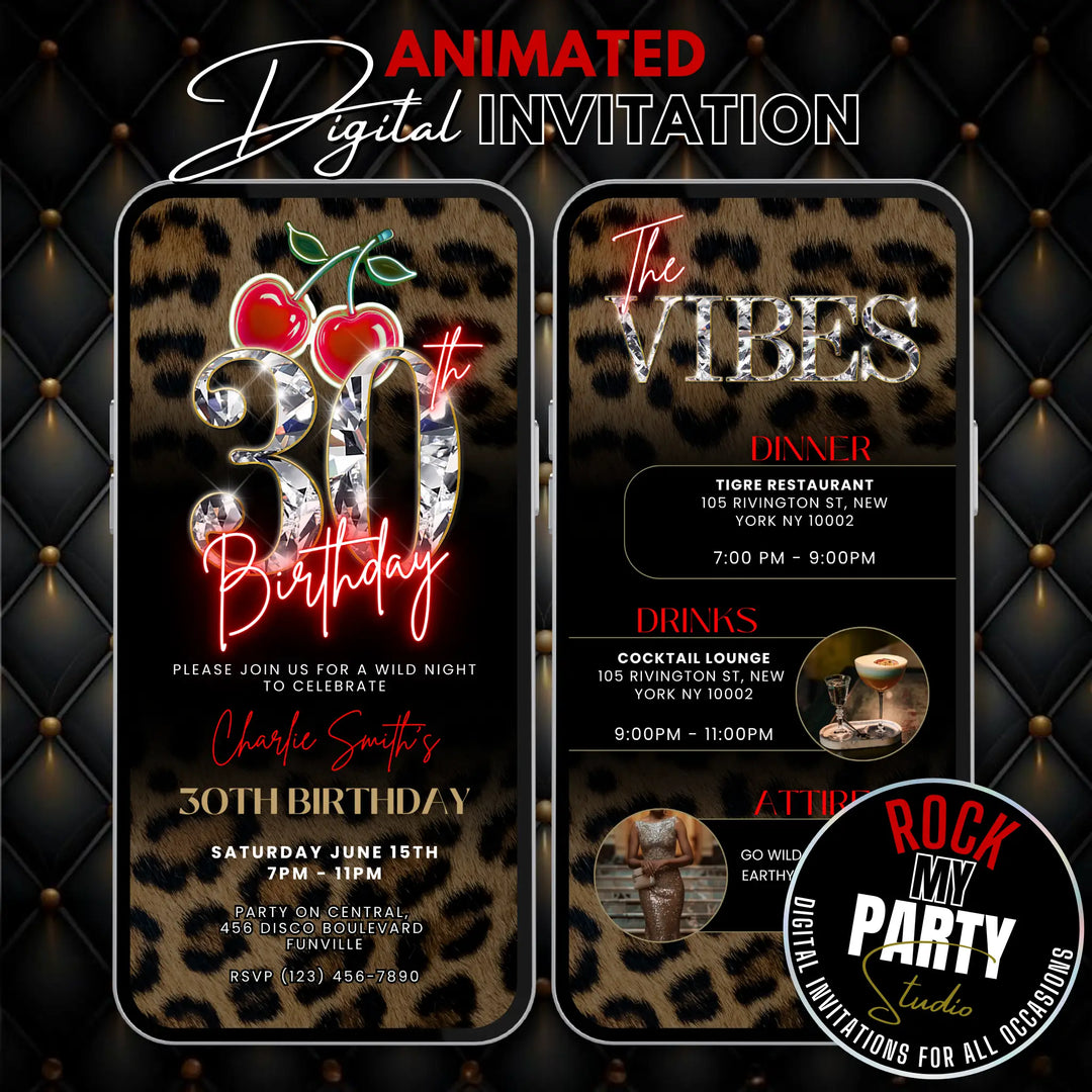 Mobile friendly 30th birthday video invite with cheetah print, cherries, and luxe neon script design. Comes with matching Vibes page to add additional party details. available for instant download