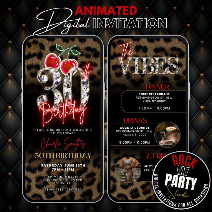 Mobile friendly 30th birthday video invite with cheetah print, cherries, and luxe neon script design. Comes with matching Vibes page to add additional party details. available for instant download