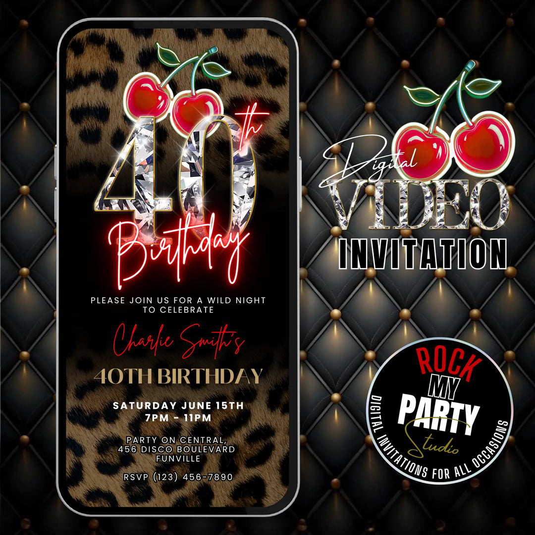 Wild Cherry Leopard Print 40th Birthday Invitation Video – Self Editable Digital Template