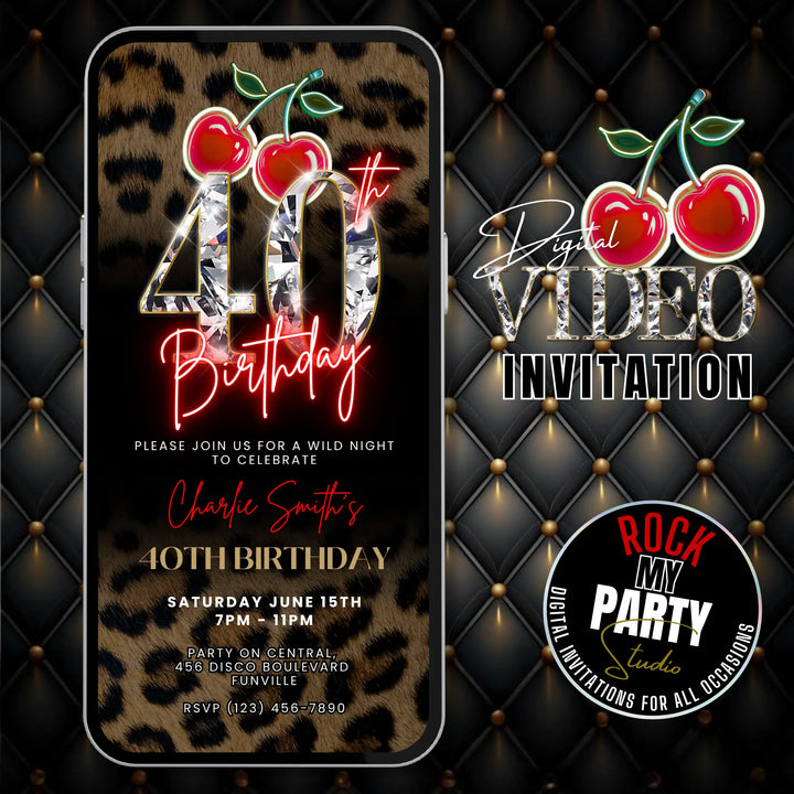 Wild Cherry Leopard Print 40th Birthday Invitation Video – Self Editable Digital Template