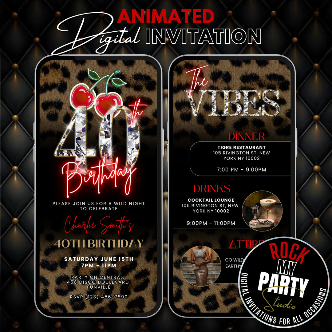 Wild Cherry and Leopard Print 40th Birthday Invitation with Vibes – Self Editable Digital Template