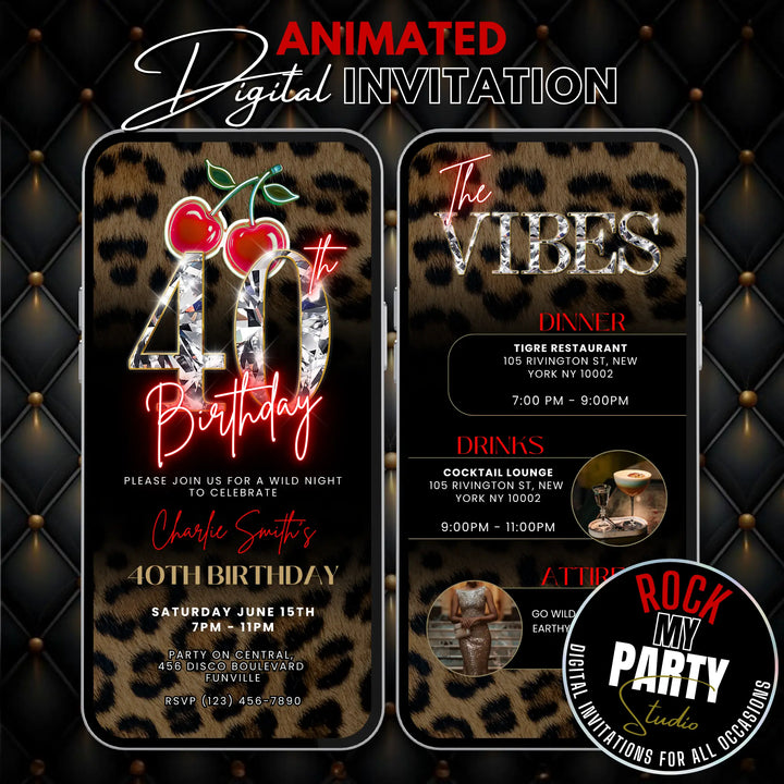 Wild Cherry and Leopard Print 40th Birthday Invitation with Vibes – Self Editable Digital Template