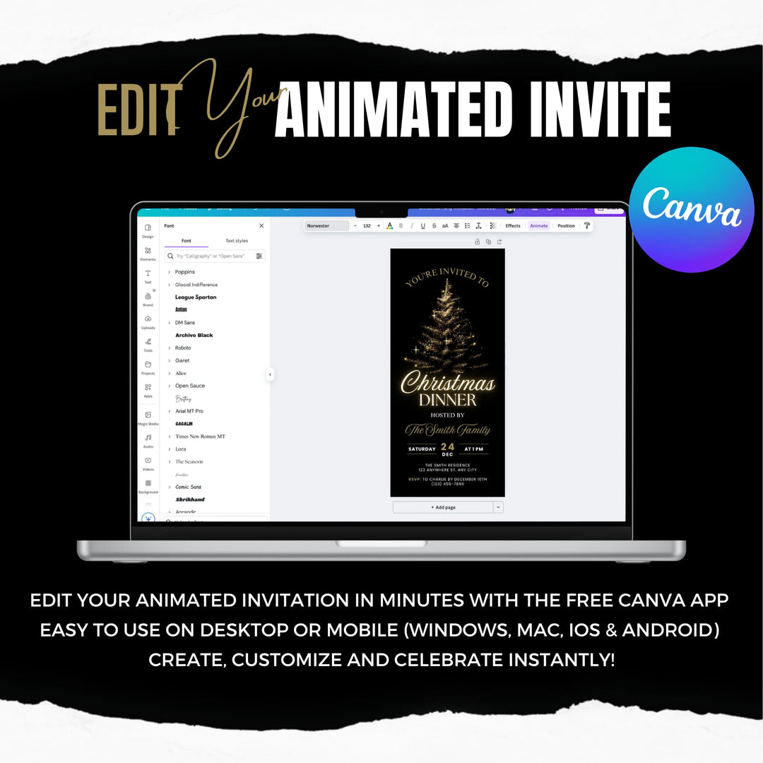 Luxury Black & Gold Christmas Dinner Invite with Details – Animated Digital Invitation Template