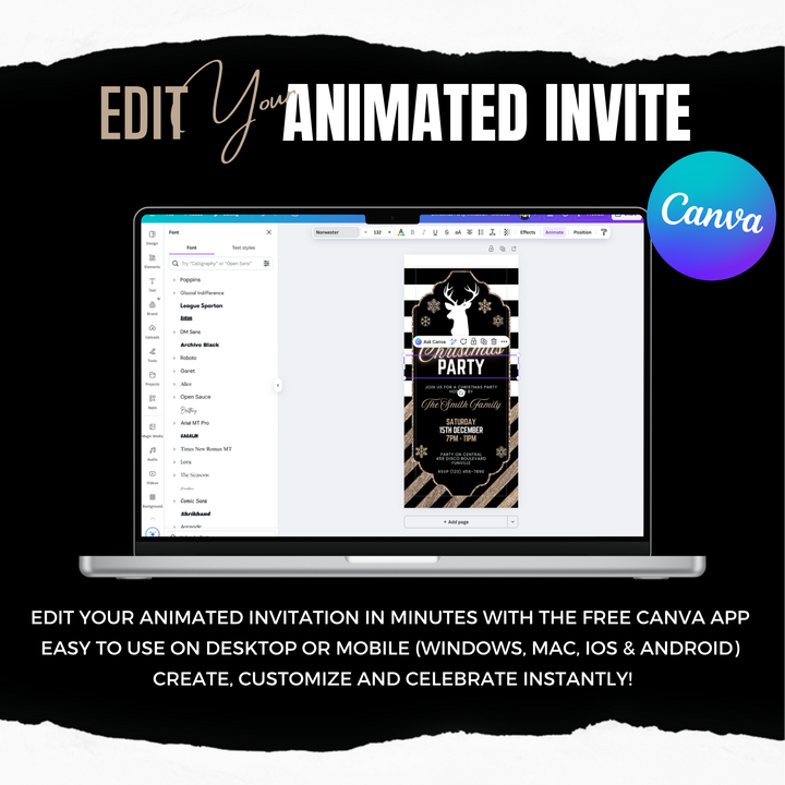 Black & Gold Christmas Dinner Party Invitation - Elegant Festive Holiday Invite Editable Canva Template