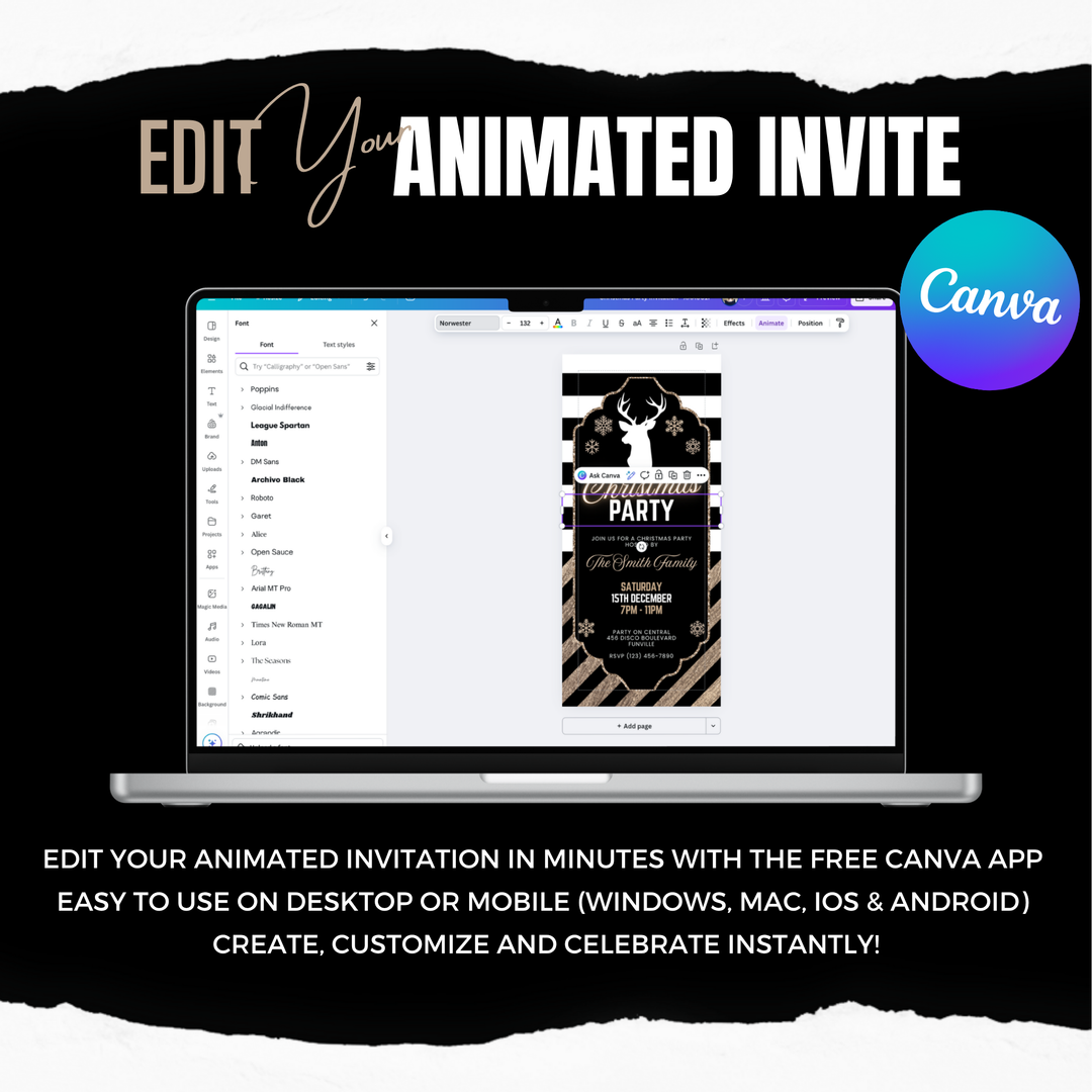 Black & Gold Christmas Dinner Party Invite with Details & Menu - Editable Canva Template