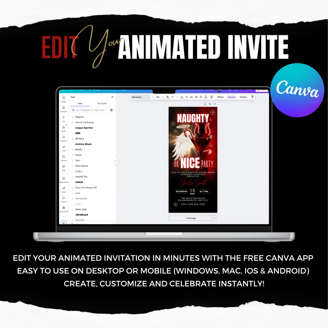 Naughty or Nice Themed Christmas Party Invitation – Luxe Holiday Cocktail Invite – Editable Canva Template