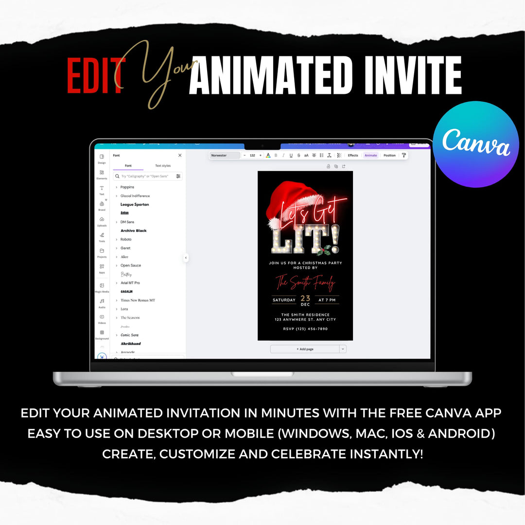 Let’s Get Lit Christmas Party Invitation - Editable Canva Template