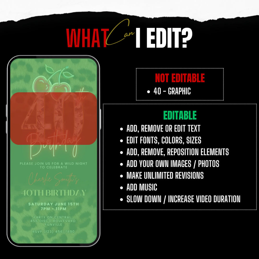 Wild Cherry Leopard Print 40th Birthday Invitation Video – Self Editable Digital Template