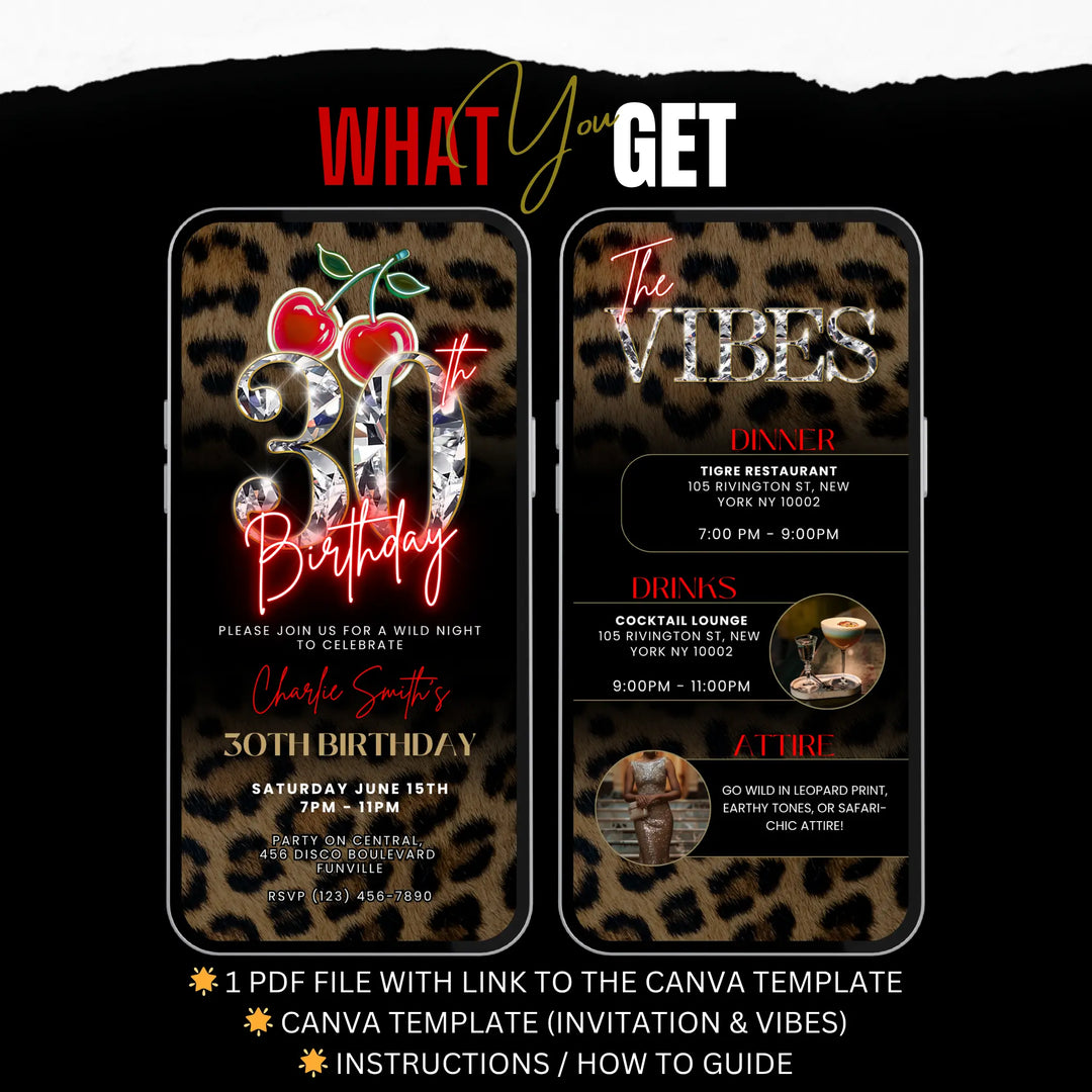 Wild Cherry Leopard Print 30th Birthday Invitation with Vibes – Self Editable Digital Template