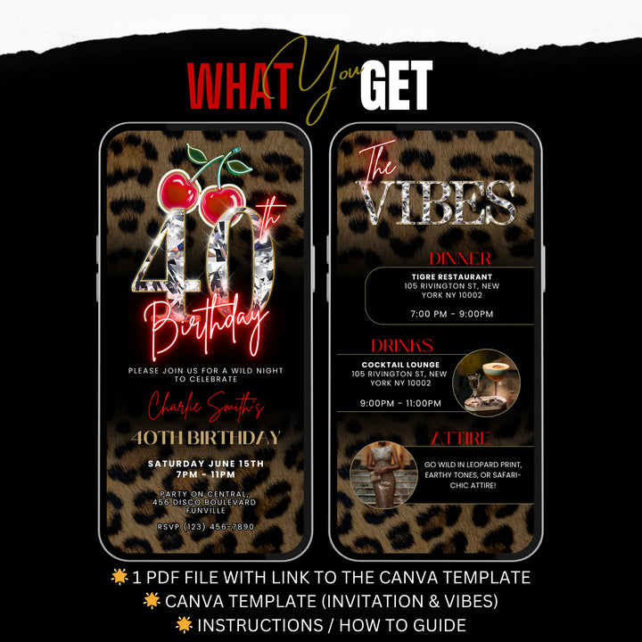 Wild Cherry and Leopard Print 40th Birthday Invitation with Vibes – Self Editable Digital Template