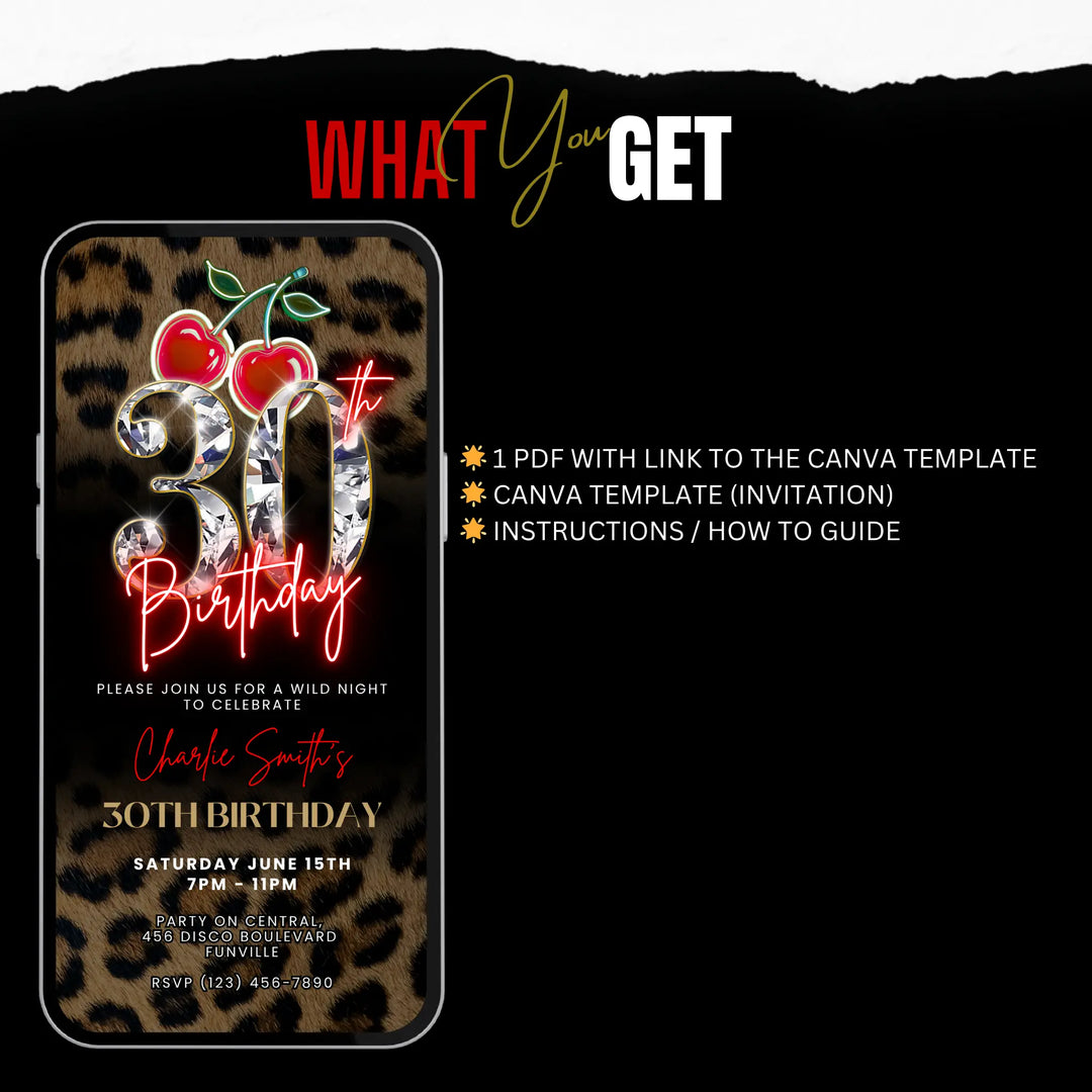 Wild Cherry Leopard Print 30th Birthday Invitation Video – Self Editable Digital Template