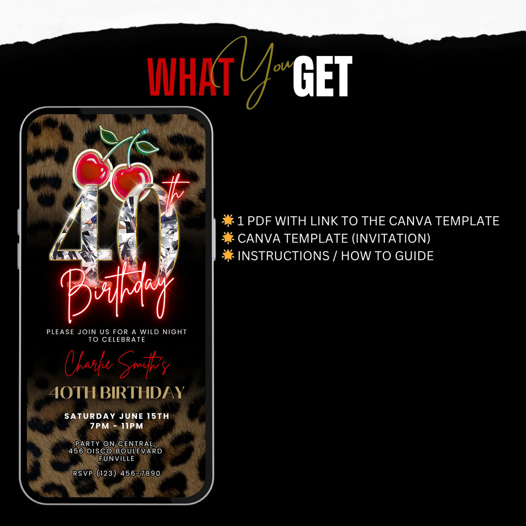 Wild Cherry Leopard Print 40th Birthday Invitation Video – Self Editable Digital Template