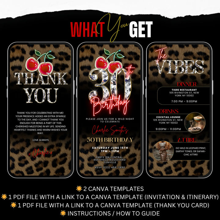 Wild Cherry Leopard Print 30th Birthday Invitation with Vibes & Thank You Card – Self Editable Digital Video Template