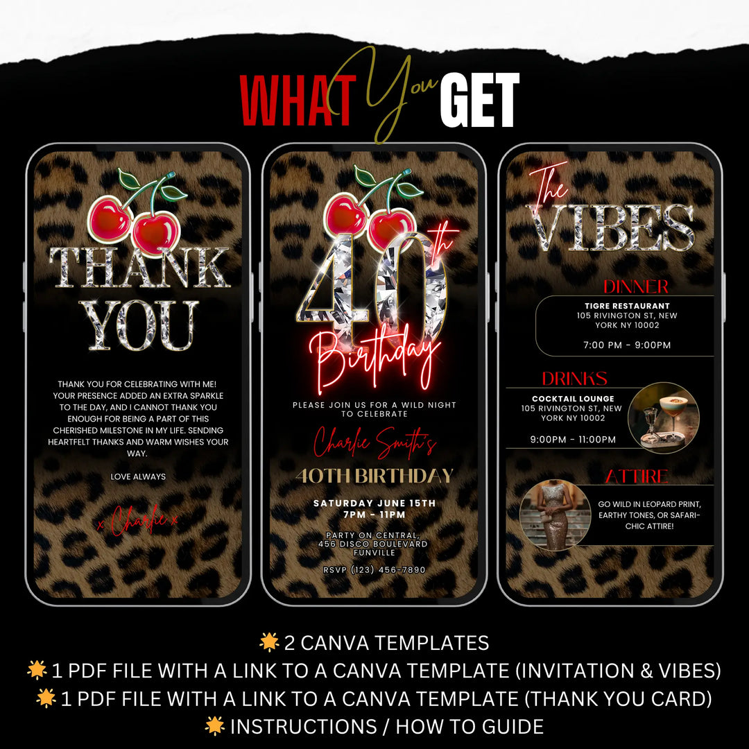 Wild Cherry and Leopard Print 40th Birthday Invitation with Vibes & Thank You Card – Self Editable Digital Video Template