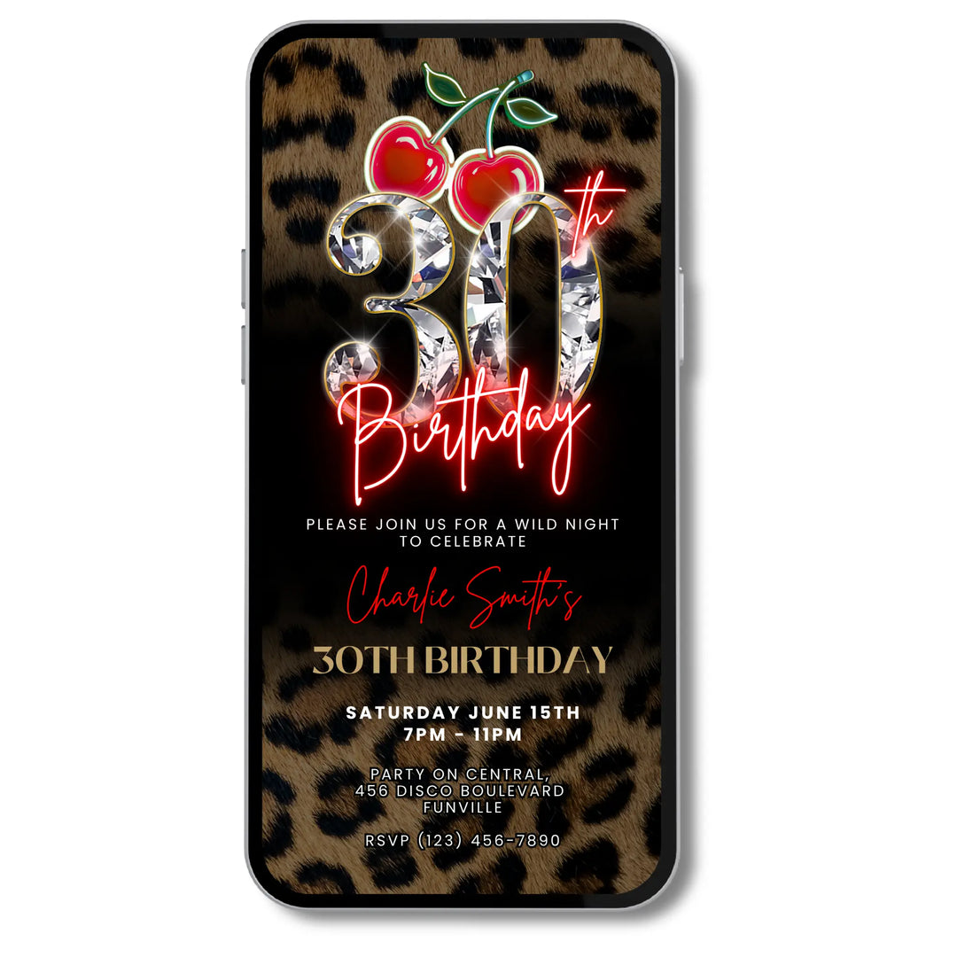 Wild cherry and leopard print 30th birthday self editable digital video invitation canva template with glam diamond number 30 & neon red script, a retro cherry and a cheetah print background.